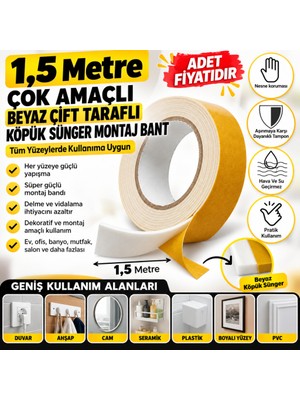Universal Çok Amaçlı Tüm Yüzeylerde Kullanıma Uygun Beyaz Çift Taraflı Köpük Sünger Montaj Bant(Adet Fiyatıdır)