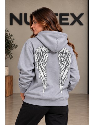 Nuatex Melek Kanatlı Angel Yazılı 3iplik Şardonlu Kapüşonlu Regular Kalıp Sweatshirt