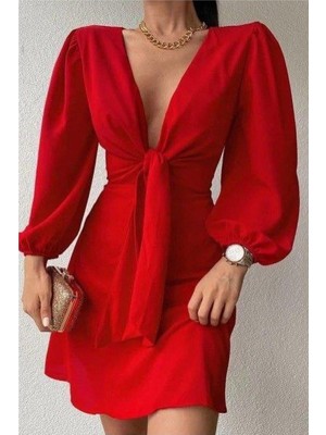 Bezos Krep Kruvaze Elbise Balon Kollu Kuşaklı Yaka Kumaş · Renk: Saks · Beden: M BZS10