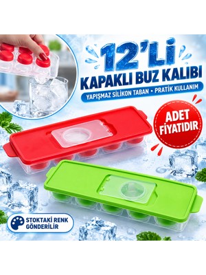 Sepetopia 12LI Kapaklı Yapışmaz Silikon Tabanlı Plastik Küp Buz Kalıbı - Stokta Olan Renk Gönderilir