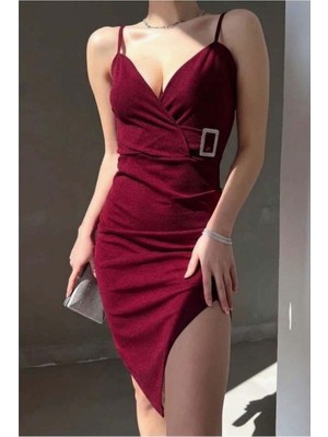 Vintessy Vıntessy V Yırtmaçlı Elbise Abiye Midi Yaka Askılı · Renk: Zümrüt · Beden: L BZS01