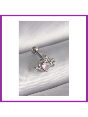 Bezos 316L Çelik Gümüş Renk Pembe Mineli Kalp Zirkon Taş Detay Tragus Piercing BEZ10