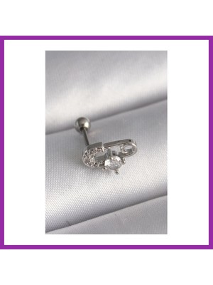 Bezos 316L Çelik Gümüş Renk Zirkon Taşlı Toplu Iğne Tragus Piercing BEZ10