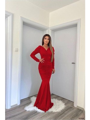 Defne Store Krep Elbise Abiye V Yaka Balık Kumaş Kesim · Renk: Kırmızı · Beden: S Dfnbez