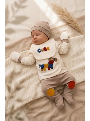 Babydonat Tiny Trotter %100 Pamuklu At Nakışlı Yenidoğan 5'li Bebek Takımı - Ekru & Kahve