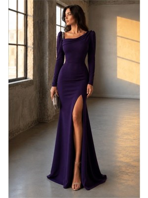 Vintessy Vıntessy Asimetrik Yırtmaçlı Elbise Kollu Abiye Yaka Uzun · Renk: Mor · Beden: 2xl BZS01