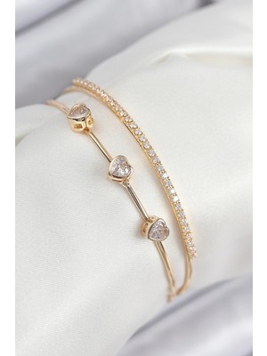 Beruflic Pirinç Zirkon Taşlı Kalp Model Gold Renk Kadın Bileklik TJ-BB7861