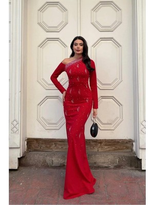 Bşk Virgo Krep Kumaş Omuz Abiye Tek Elbise · Renk: Mor · Beden: L BSK2026