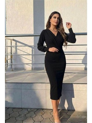Nida Krep Kruvaze Elbise Kollu Midi Yaka Uzun Kumaş · Renk: Siyah · Beden: S Nıda