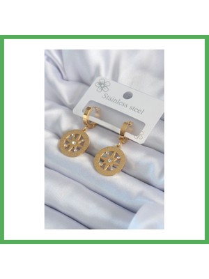 Astraltech 316L Çelik Gold Renk Kutup Yıldızı Model Işleme Detay Zirkon Taşlı Kadın Küpe Bezoss