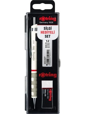 Happy Trend Tikky Mekanik Kurşun Kalem, Uç ve Silgi Seti, 0,5 mm Kalem, 2b Uç, Orta Boy Silgi, Beyaz, 3'lü Set