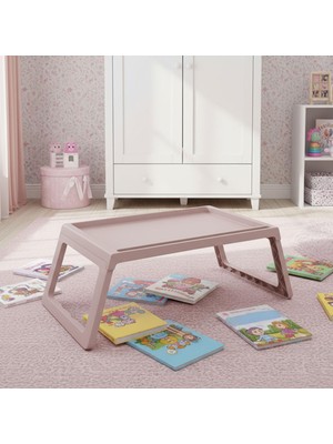 Happy Trend Katlanabilir Yatak Üstü Laptop Sehpası ve Kahvaltı Masası - Tablet ve Telefon Standlı Çok Amaçlı Portatif Çalışma Sehpası (56X36X26 Cm) (Pudra)