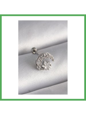 Astraltech 316L Çelik Gümüş Renk Zirkon Taşlı Ay Yıldız Tragus Piercing Bezoss