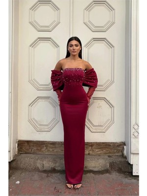 Vintessy Vıntessy Esnek Kumaş Abiye Straplez Tül Elbise · Renk: Kırmızı · Beden: L BZS01