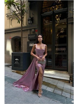 Vintessy Vıntessy Saten Kumaş Abiye Yaka Kalp Elbise Yırtmaçlı Maxi · Renk: Mor · Beden: L BZS01