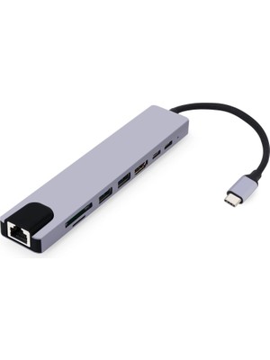 TeknoKapsül Macbook Pro Air USB Type-C Hub Dönüştürücü Çevirici Çoklayıcı 8 In 1 Type-C Çıkışlı Çoklu Çevirici Adaptör Ethernet HDMI USB Çoklayıcı Sd Tf Kart Okuyucu USB Hub