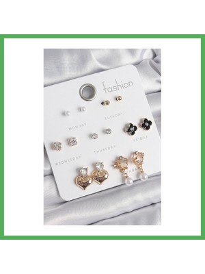 Astraltech Pirinç Gold Renk Zirkon Taşlı Kalp Figür Siyah Yonca Detay 7 Çift Kadın Küpe Seti Bezoss