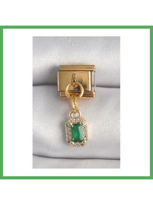 Astraltech 316L Çelik Gold Renk Sallantı Kare Yeşil Zirkon Taşlı Nomination Charm Bezoss