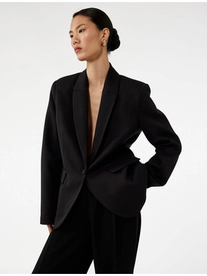 Koton Geniş Yaka Cepli Düğmeli Siyah Kadın Blazer Ceket 7WAK50002UW