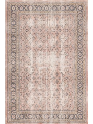 Rugzella Soluk Pudra Gri Krem Eskitme Vintage Fars Deseni Altın Kısa Havlı Yıkanabilir Halı