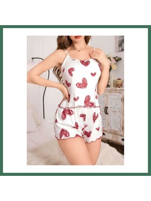 En-Cag Kadın Beyaz Kalp Desenli Şortlu Gecelik Pijama Takımı 5052 · Beden: S/m · Renk: Beyaz Bss