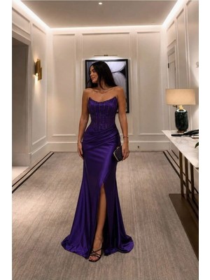 Defne Store Kadın Yırtmaçlı Elbise Abiye Straplez · Renk: Saks · Beden: M Dfnbez