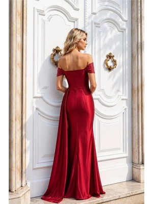 Vintessy Vıntessy Saten Elbise Maxi Abiye Yaka Carmen Kumaş · Renk: Kırmızı · Beden: L BZS01
