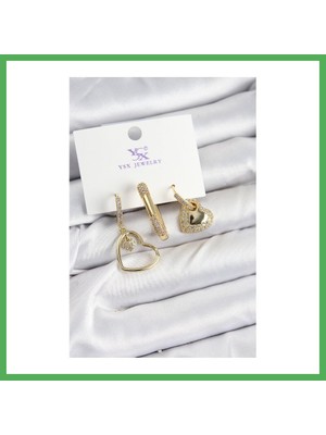 Astraltech Pirinç Zirkon Taşlı Kalp Model Gold Renk 3'lü Kadın Küpe Bezoss