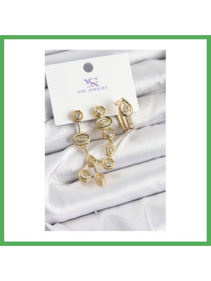 Astraltech Pirinç Zirkon Taşlı Geometrik Model Gold Renk 3'lü Kadın Küpe Bezoss