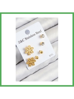 Astraltech 316L Çelik Zirkon Taşlı Kar Tanesi Model Gold Renk Kadın Set Küpe Bezoss