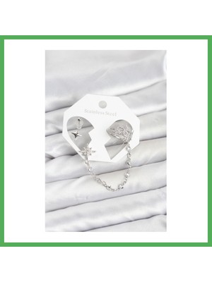 Astraltech Kutup Yıldızı Model Pirinç Gümüş Renk Zincir Bağlantılı Ear Cuff Küpe Seti Bezoss