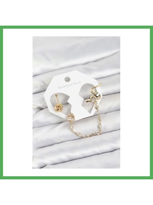 Astraltech Pirinç Gold Renk Yılan Model Zincir Bağlantılı Ear Cuff Küpe Seti Bezoss