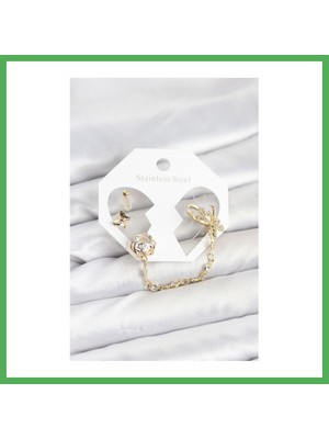 Astraltech Pirinç Gold Renk Kelebekli Model Zincir Bağlantılı Ear Cuff Küpe Seti Bezoss