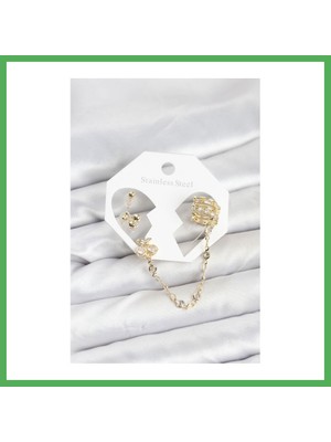 Astraltech Kiraz Model Pirinç Gold Renk Zincir Bağlantılı Ear Cuff Küpe Seti Bezoss