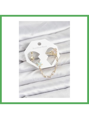 Astraltech Yıldız Model Pirinç Gold Renk Zincir Bağlantılı Ear Cuff Küpe Seti Bezoss