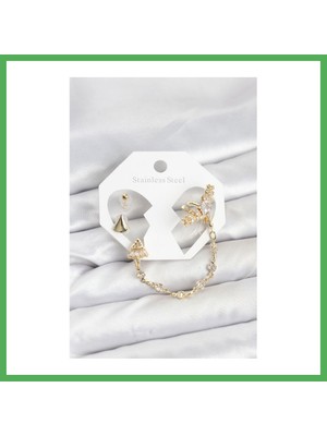 Astraltech Pirinç Gold Renk Yıldızlı Model Zincir Bağlantılı Ear Cuff Küpe Seti Bezoss