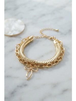 Mey İthalat Mey Ithalat® Pirinç Gold Renk Yılan Zincir Model Fiyonk Detaylı Kadın Bileklik Kombini