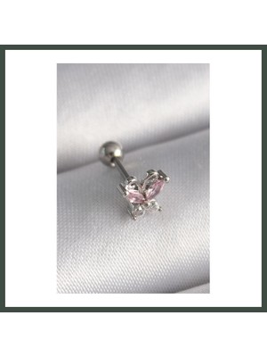 Bezos 316L Çelik Gümüş Renk Pembe Zirkon Taşlı Kelebek Tragus Piercing Nhr