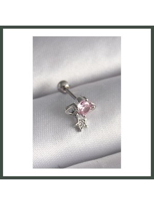Bezos 316L Çelik Gümüş Renk Pembe Zirkon Taşlı Sallantı Yıldız Detay Tragus Piercing Nhr