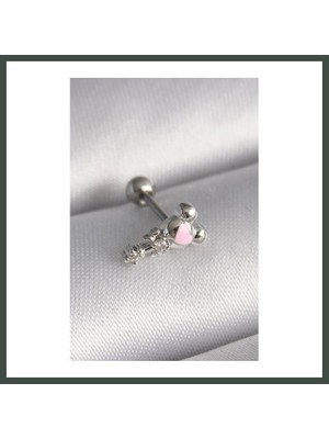 Bezos 316L Çelik Gümüş Renk Zirkon Taş Detay Pembe Kalp Işleme Tragus Piercing Nhr