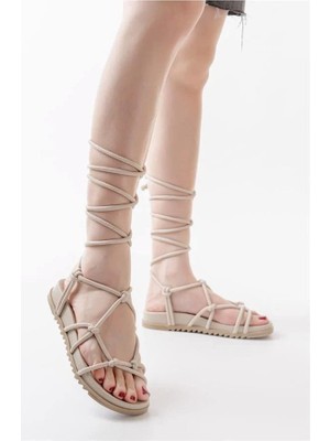 Bezos Kadın Modern Açık Bilekten Bağcıklı Yazlık Sandalet · Renk: Bej · Beden: 37 HB006