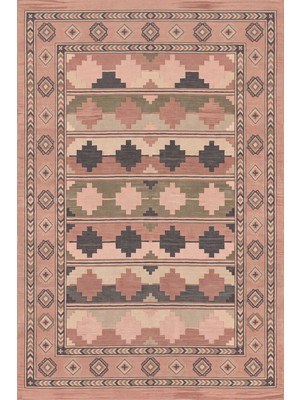 Rugzella Kil Pembesi Boho Kilim Şeritli Pudra Bej Antrasit Zeytin Çizgili Yıkanabilir Halı