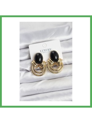 Astraltech Pirinç Gold Renk Siyah Taşlı Vintage Kadın Küpe Bezoss