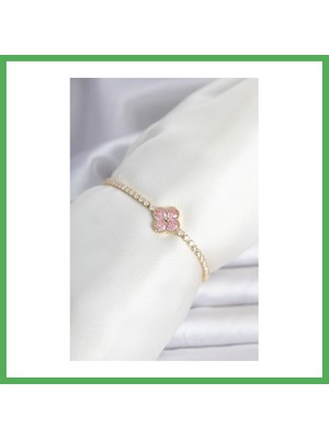 Astraltech Pirinç Gold Renk Pembe Zirkon Taşlı Yonca Model Su Yolu Kadın Bileklik Bezoss