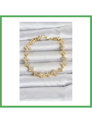 Astraltech Pirinç Zirkon Taşlı Yonca Model Gold Renk Kadın Bileklik Bezoss