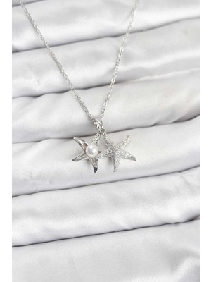 Gesa Store 316L Çelik Zincir Gümüş Renk Deniz Yıldızı Model Zirkon Taşlı Kadın Kolye