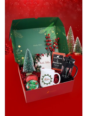Die Grup Tr Baskılı Kupa & Siyah French Press & Premium Filtre Kahve & Mini Çam Ağacı & Metal Kutulu Mum