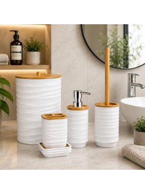 Die Grup Tr Akrilik Banyo Seti 5 Parça, Çöp Kovası, Tuvalet Fırçası, Sıvı Sabunluk, Diş Fırçalık ve Bardak, Modern Tasarım, Dekoratif Banyo Aksesuar Seti, Beyaz Bambu