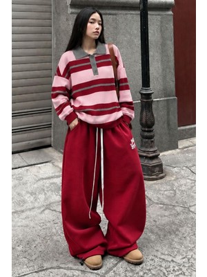 Madmext Pembe Polo Yaka Düğmeli Çizgili Kadın Triko Kazak MG2911
