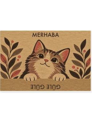 Die Grup Tr Merhaba Güle Güle Kedili Kapı Paspası, Kaymaz Kauçuk Taban, Makinede Yıkanabilir, Dijital Baskılı Kapı Önü ve Antre Paspası, Koko, 40X60 cm